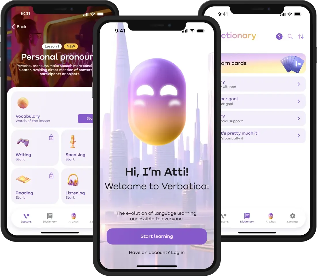 Verbatica app screens: a lesson, speaking practice and the vocabulary deck